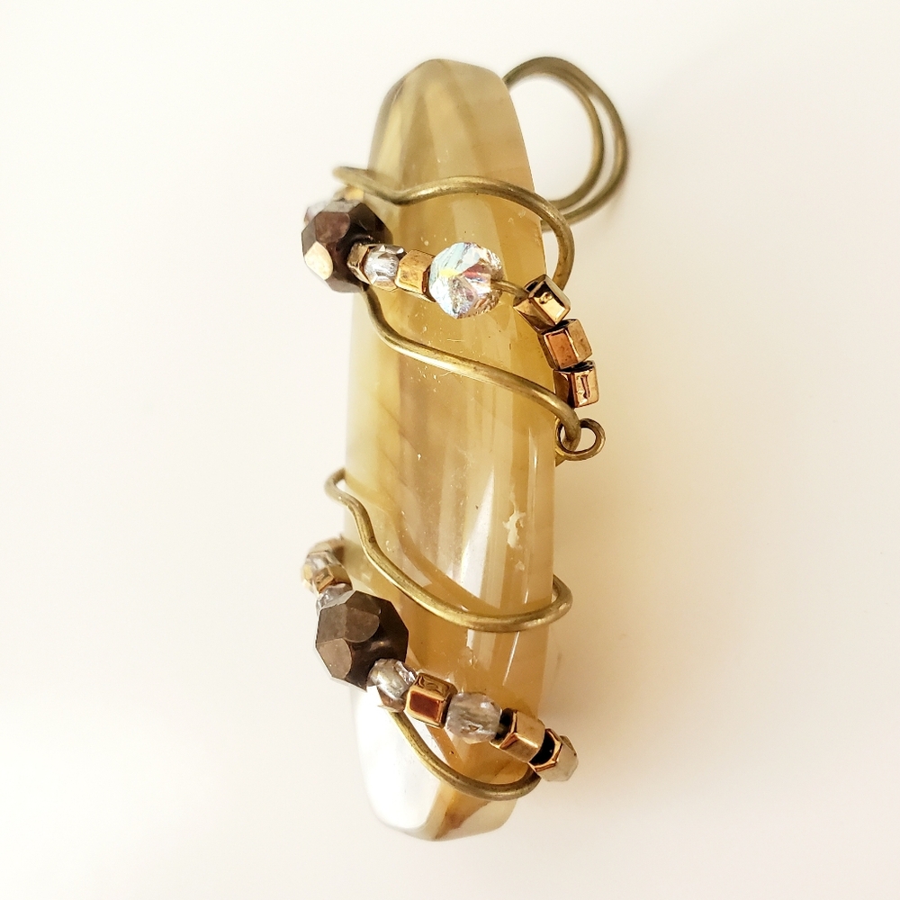 Beaded Brass Wire-wrapped Yellow Flourite Stone Pendant Boho Chic Beach Travel
